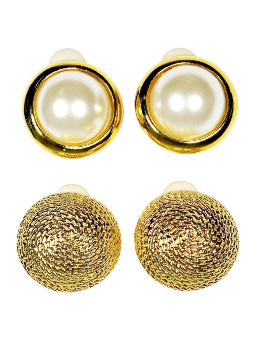 1980s Gold Tone Dome Clip-On Earrings 2 Pairs Vintage Statement Jewelry